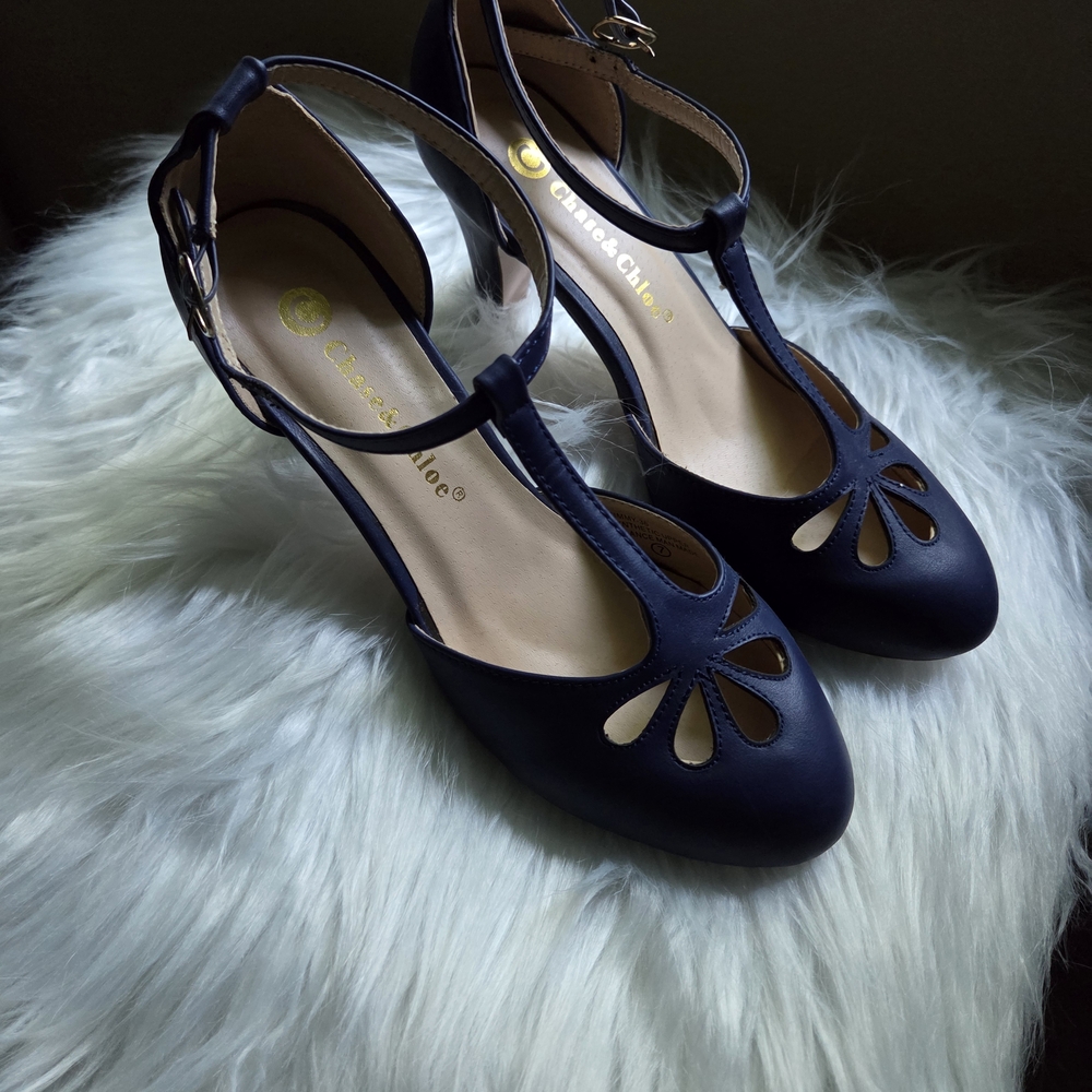 🩰Chase + Chloe Blue Ankle-Strap Heels with Vintage Charm
